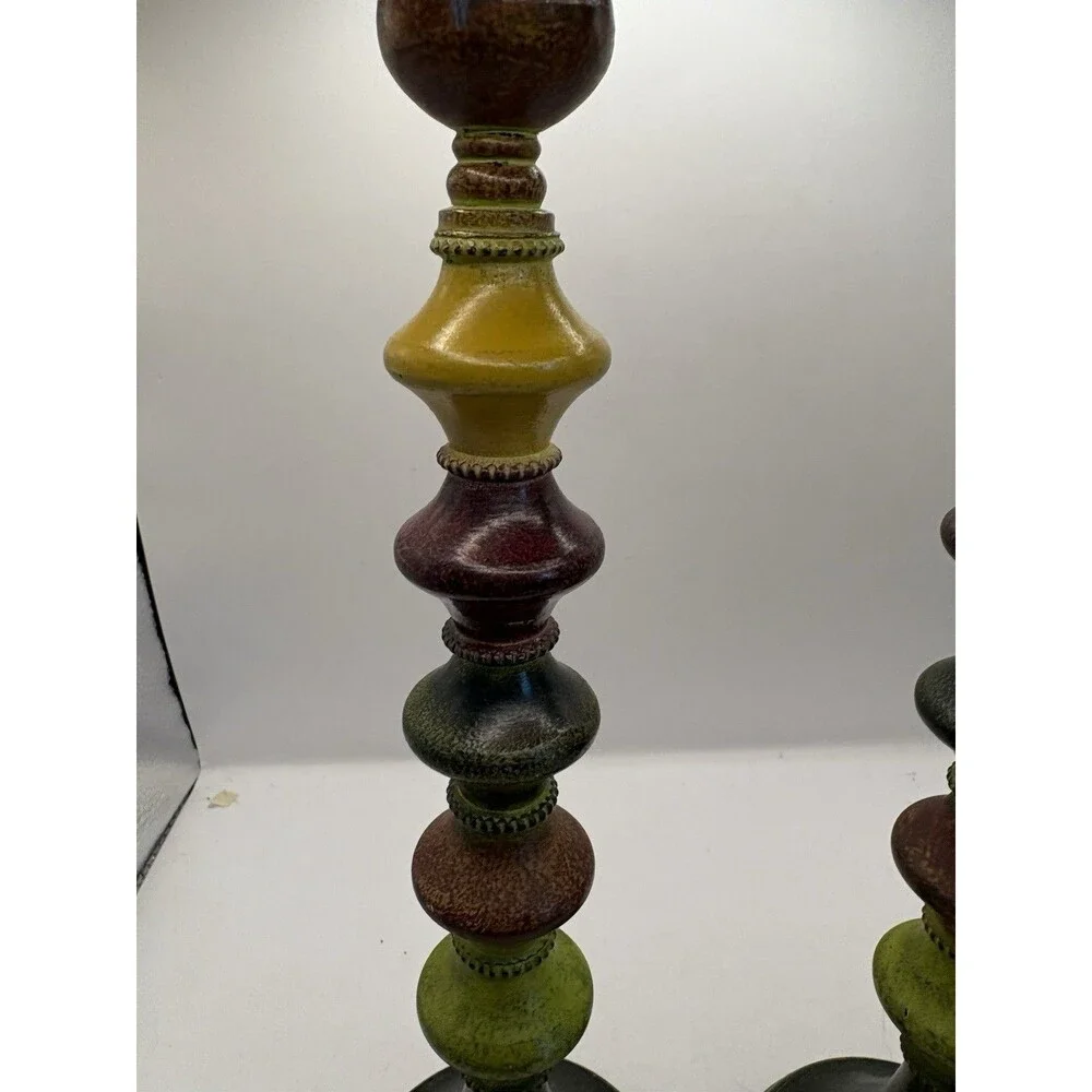 Pier 1  Set Of 2 Candlestick Stacked Multi Color Metal Boho 11” Tall